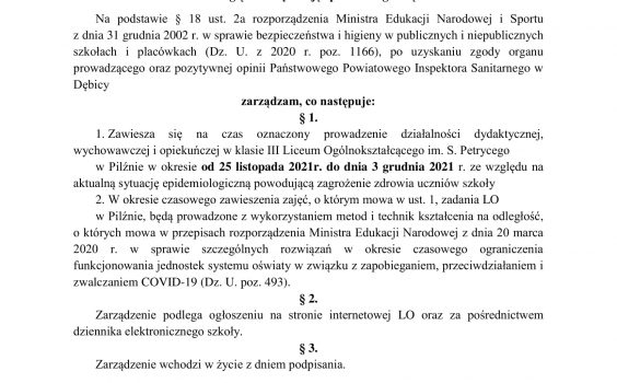 Zarządzenie Dyrektora Liceum Ogólnokształcącego w Pilźnie w sprawie czasowego zawieszenia zajęć klasy III